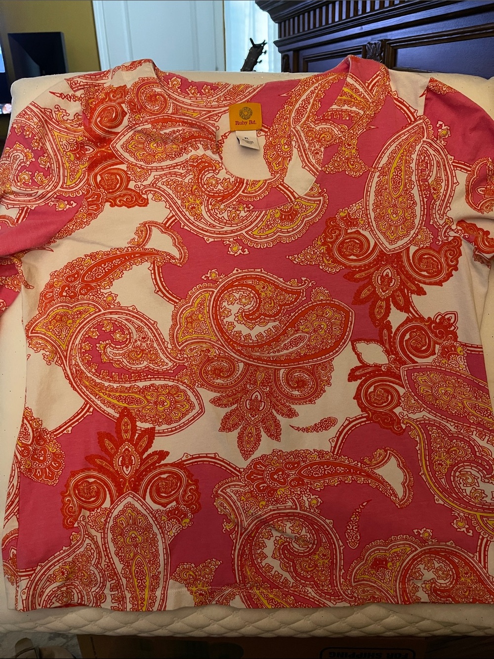 Ruby Rd. Pink & Orange Paisley Scoop Neck Tee with 3/4 sleeves